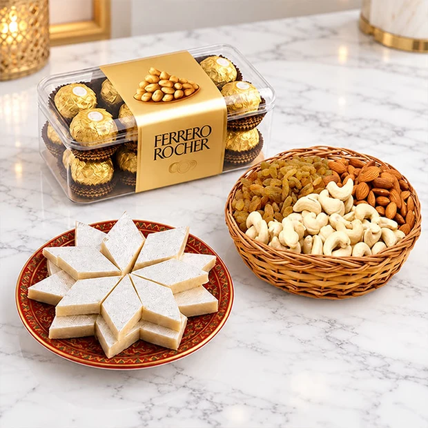 Ferrero Rocher 16 Pcs with Dry Fruits & Kaju Katli Gift Hamper